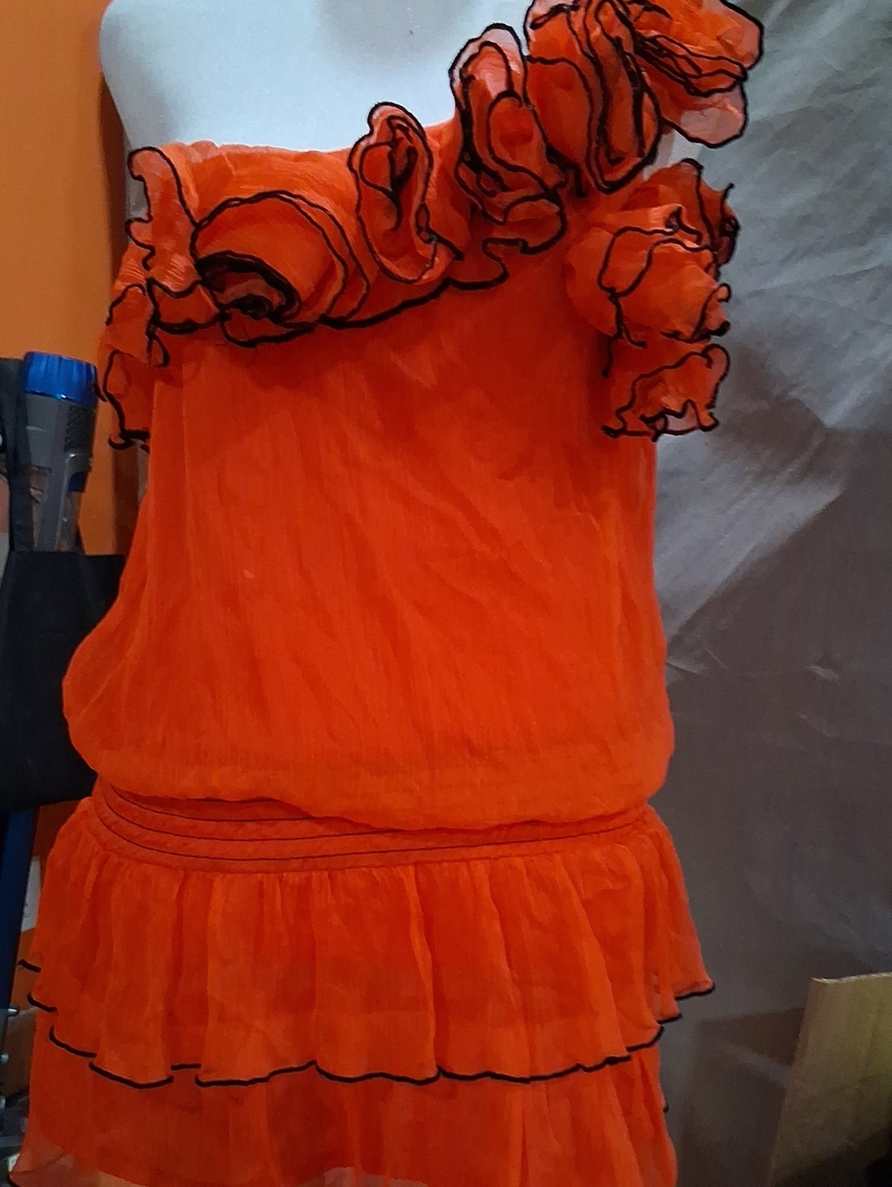 Orange Ruffle One-Shoulder Women's Blouse